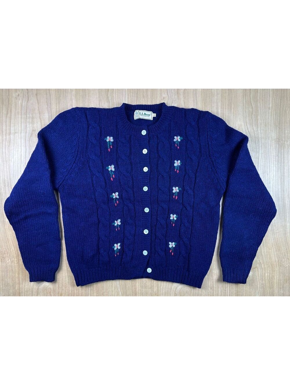 Vintage 80s LL Bean Floral Cable Knit Cardigan Sweater wool medium embroidered